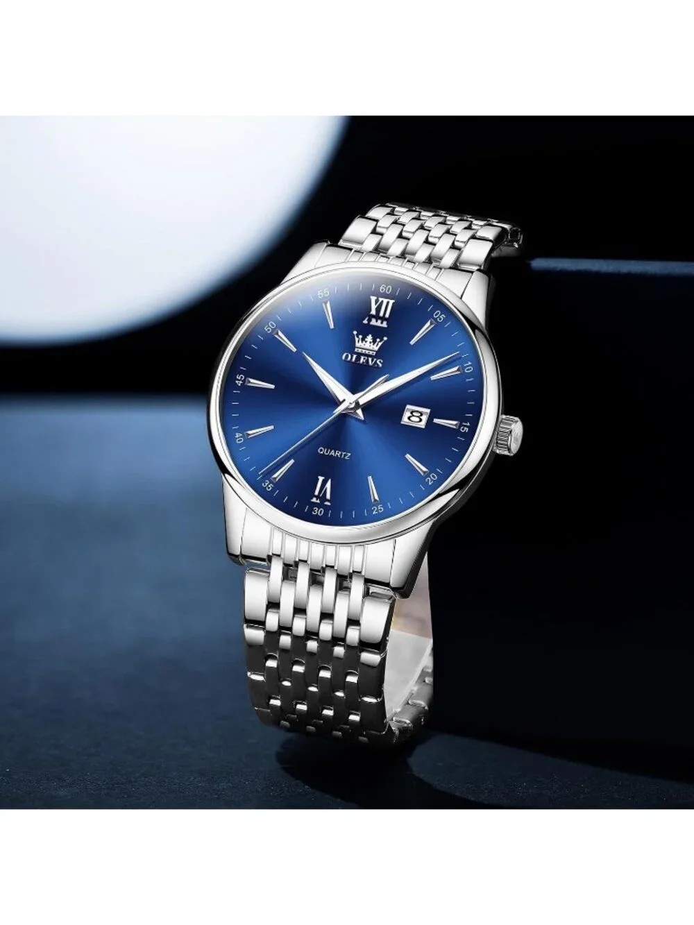 Mens Silver Blue Big Dial Analog Quartz Stainless Steel Relojes Waterproof Watch